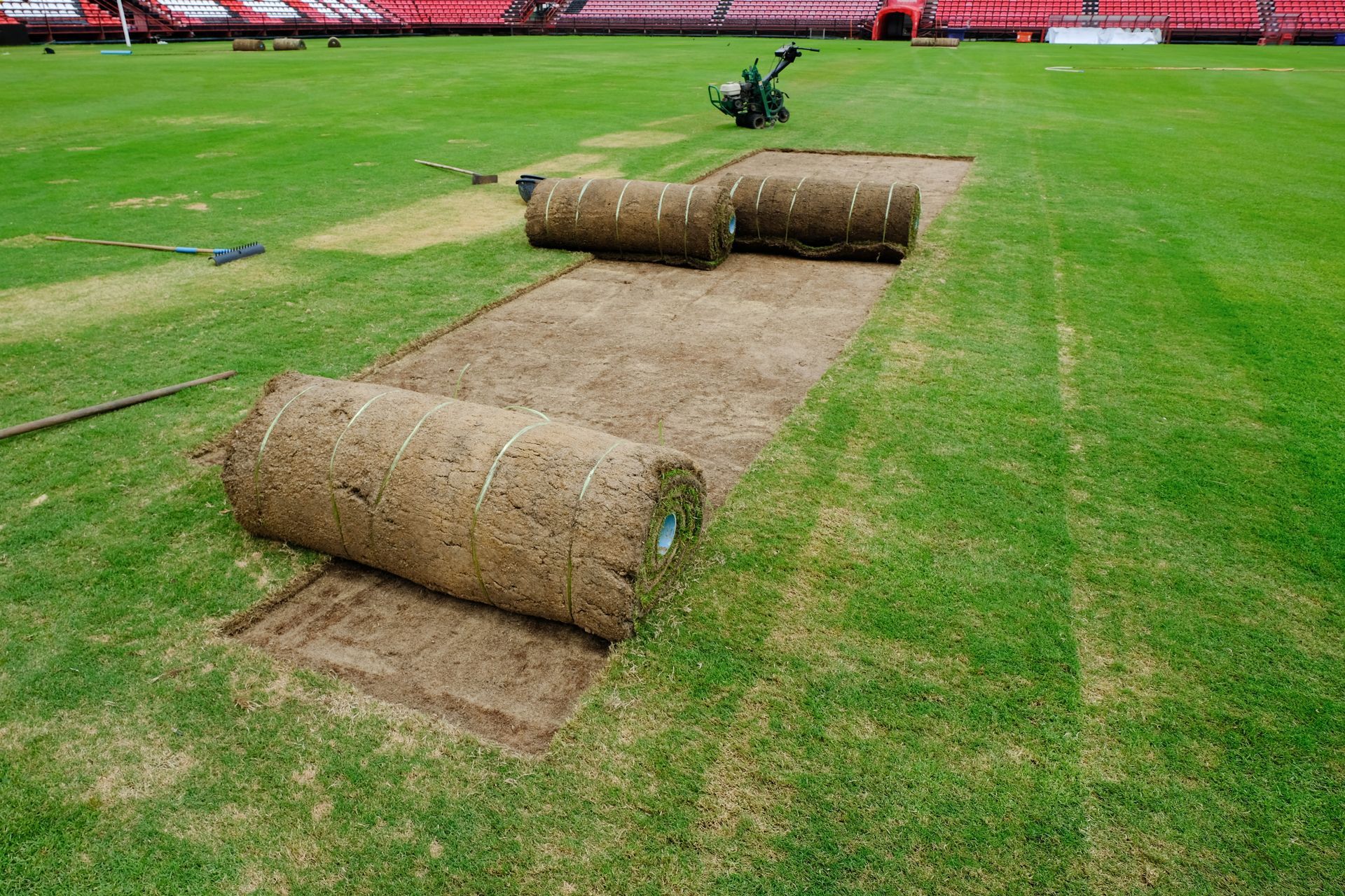 Rolls of sod laid on a grassy sports field, with a small mower in the background
