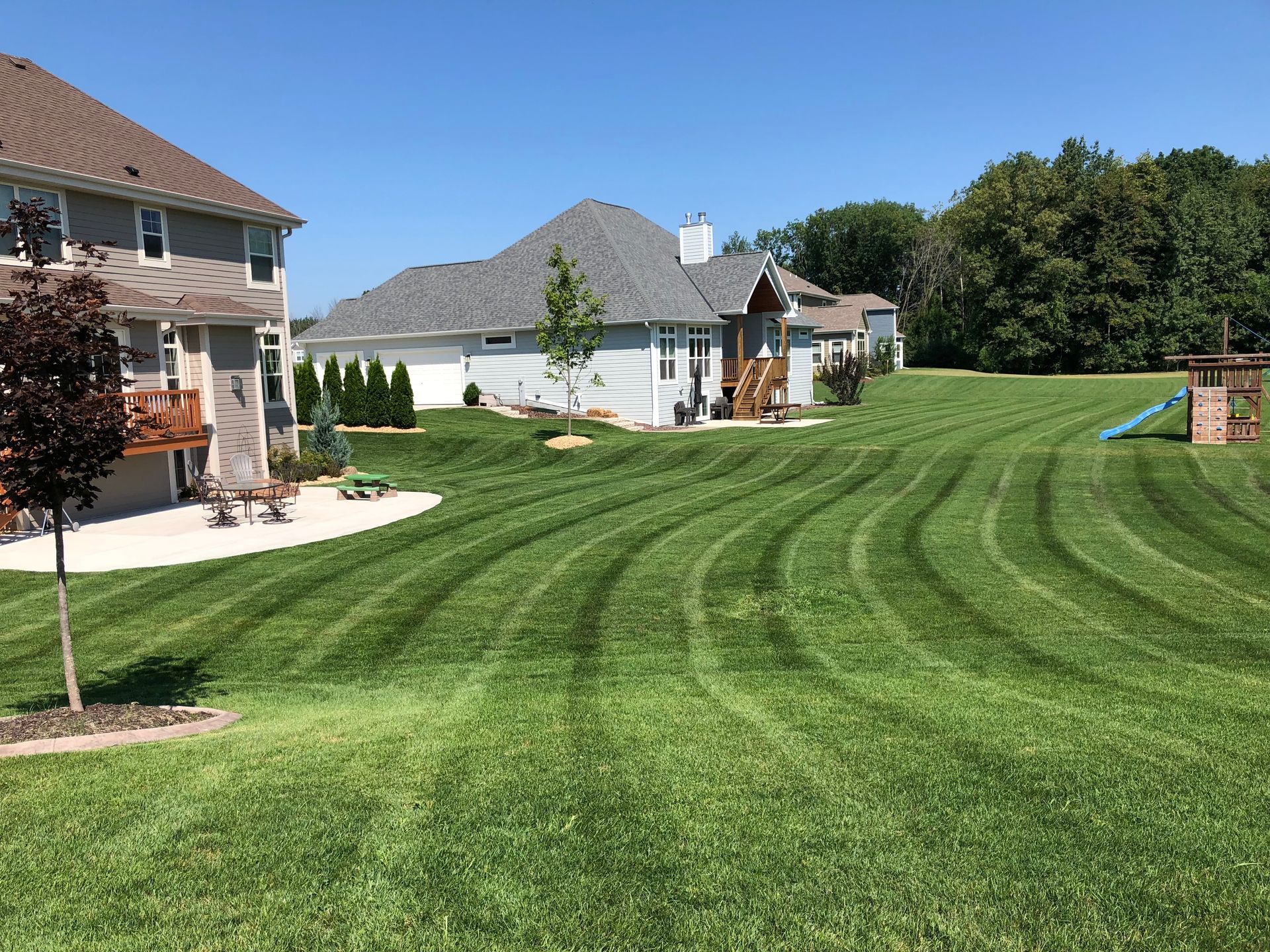 Suburban backyard with fresh striped green lawn, houses, trees, and patio seating on a sunny day