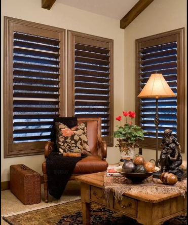 Living room with brown leather chair, wooden shutters, and lamp.