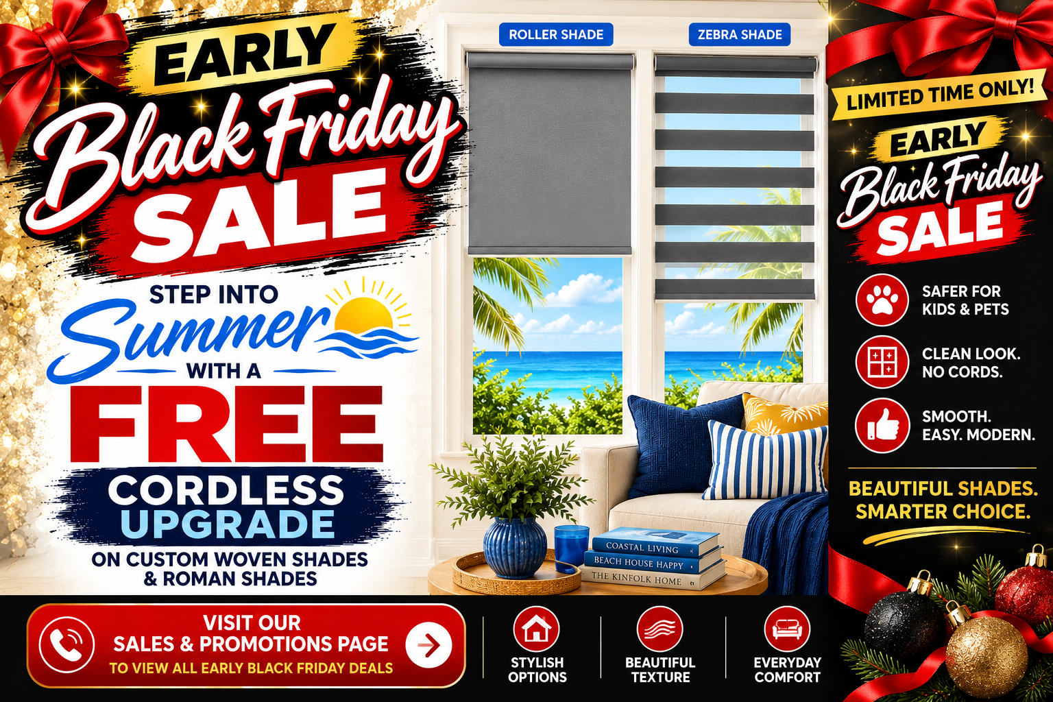 Black Friday sale ad for cordless custom woven shades in a bright modern room with ocean view