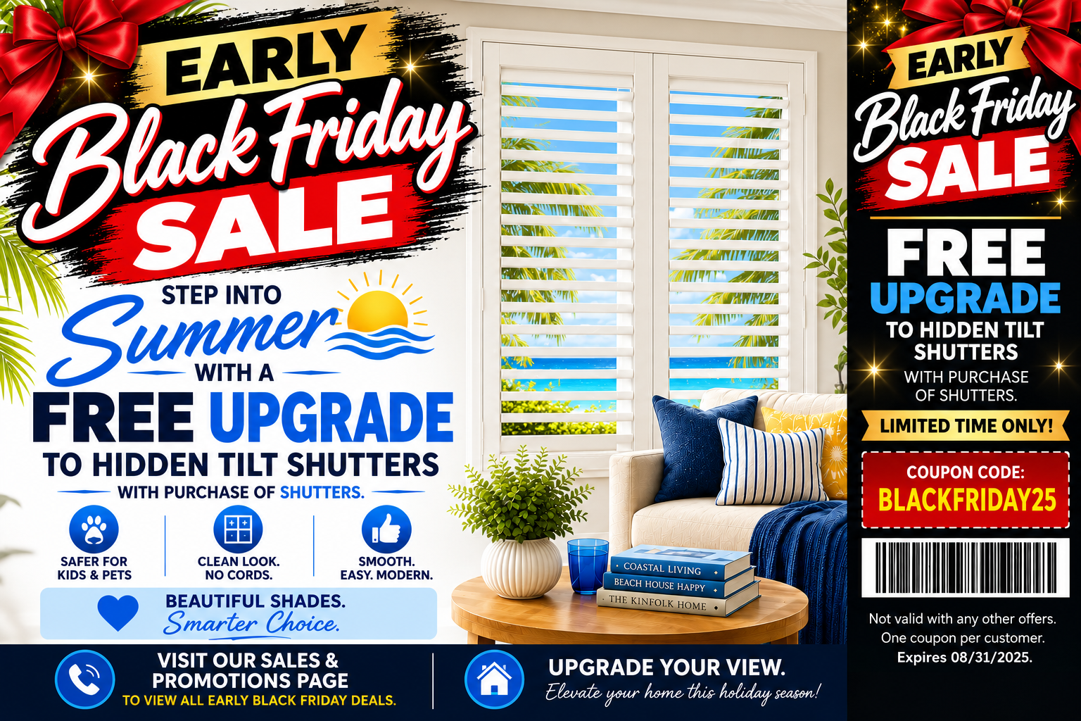 Black Friday sale ad for free summer upgrade to hidden tilt shutters, with sunlit window and living room