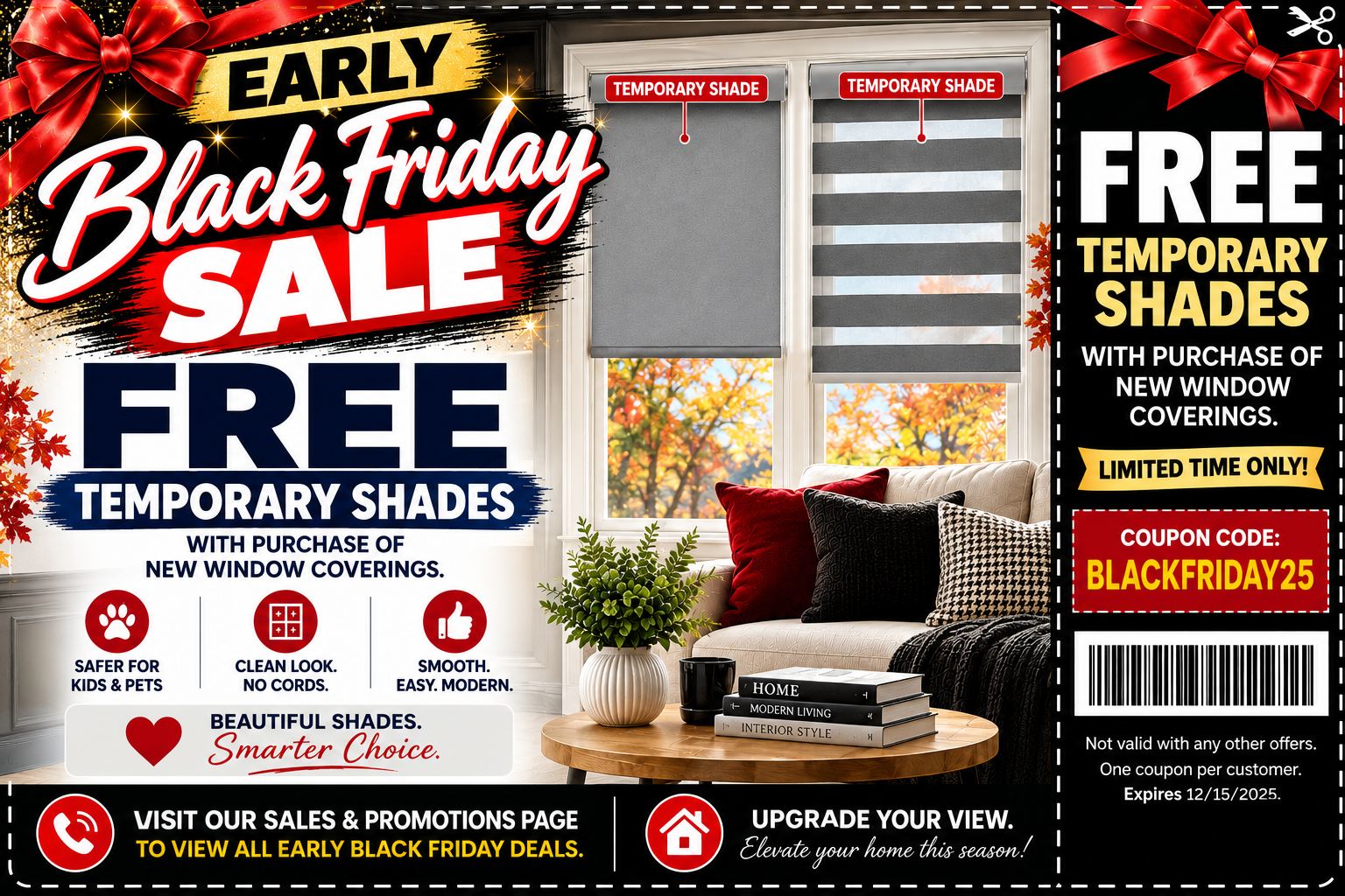 Black Friday sale ad for free temporary shades with custom installation, window treatment promo, and coupon code