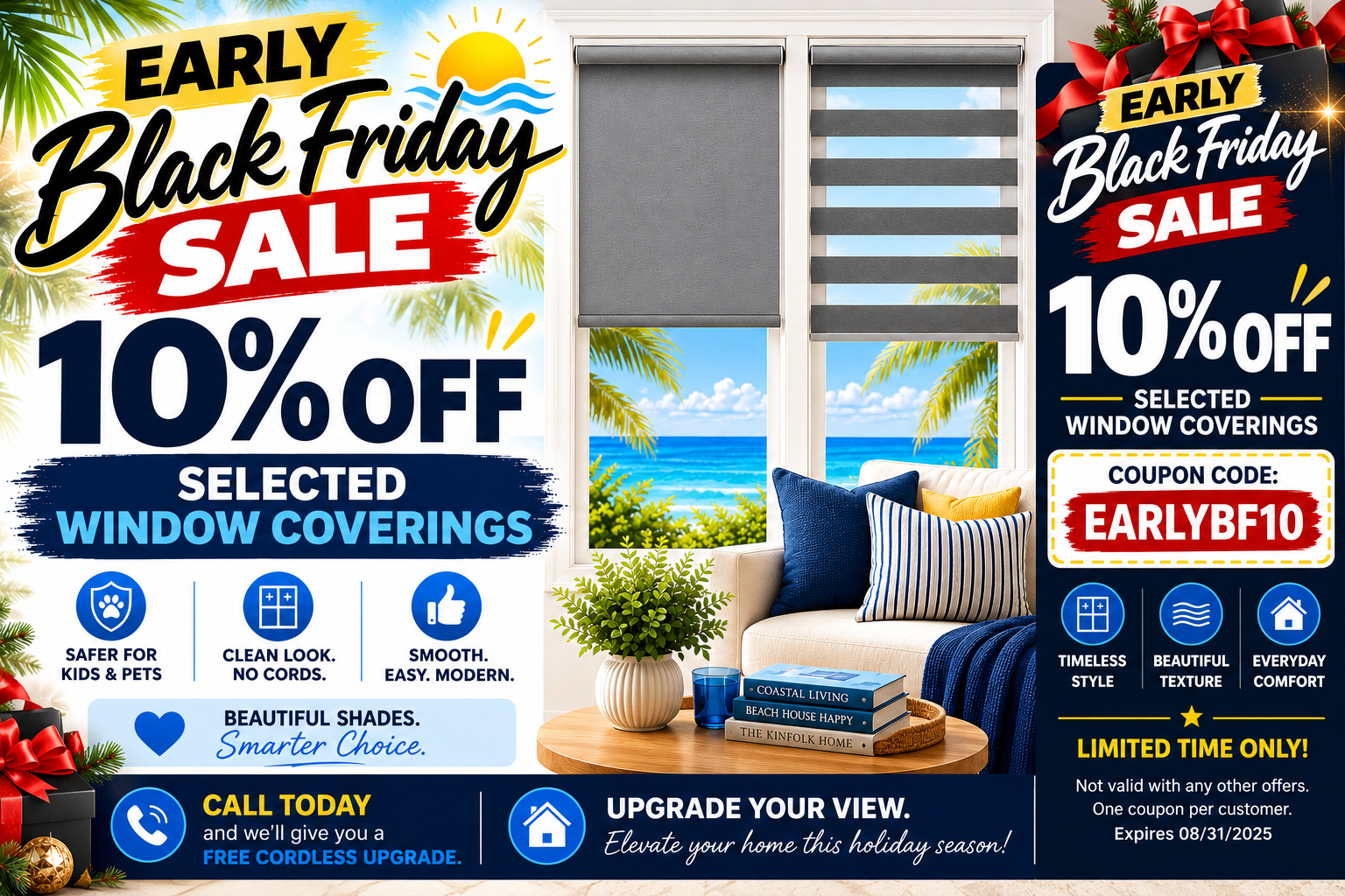 Early Black Friday sale banner for 10% off selected window coverings, with beach-view room and coupon code EARLYB10