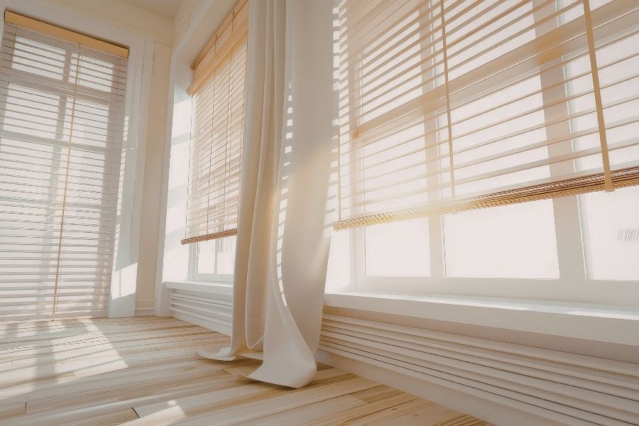 Sunlit empty room with white blinds, curtains, and light wood flooring