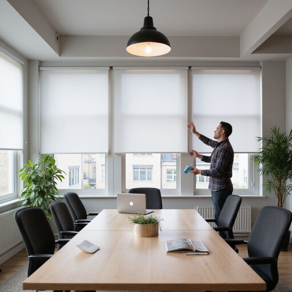 Man adjusting a window shade in a brightly lit office with a large table and chairs.