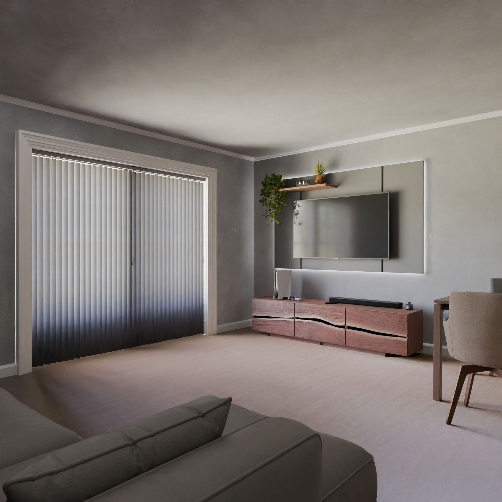 Modern gray living room with vertical blinds, TV, pink console, and a sofa in the foreground