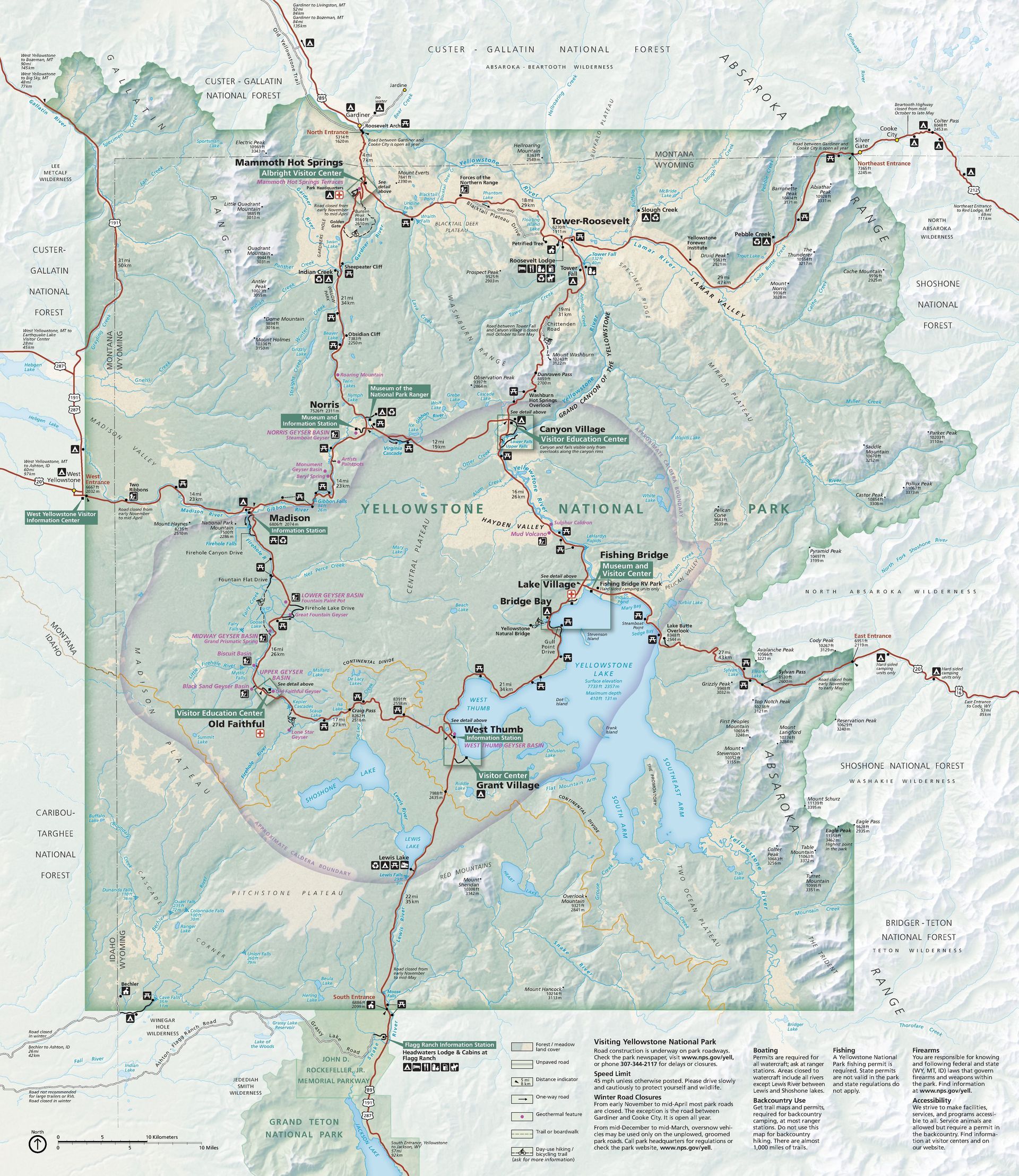 Yellowstone Caldera Boundary This map shows the relative outline of the massive Yellowstone Caldera which is approximately 45 x 30 miles in diameter.