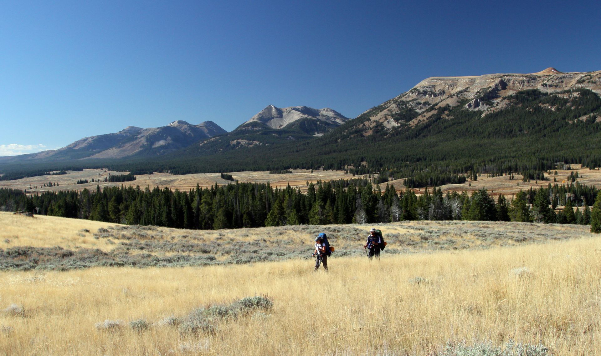 Backpackers traverse the eastern edge of the Gallatin Range in Yellowstone.