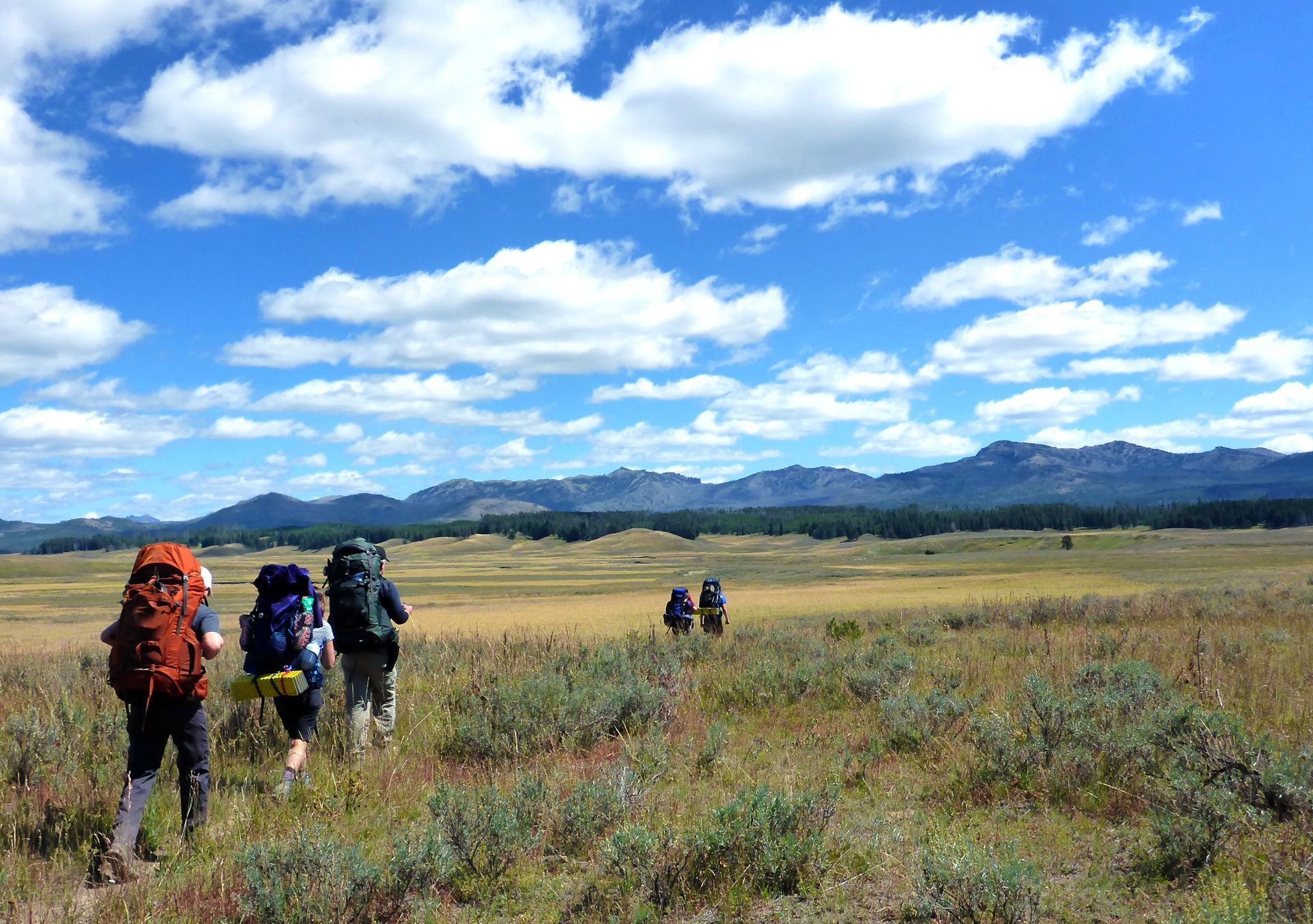 Backpackers begin their trek across the massive Pelican Valley under clear blue skies.