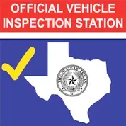 Texas official vehicle inspection station sign with yellow checkmark and state seal on blue background | Cruz-N-Carz