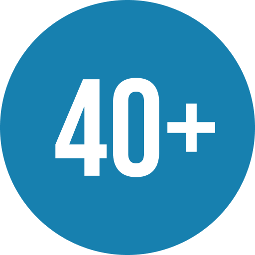 Blue circle with white "40+" text.