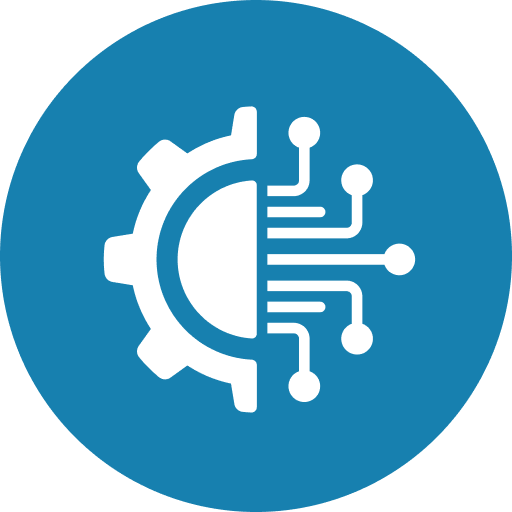 White gear and circuit board design icon on a blue circle.