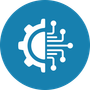 White gear and circuit board design icon on a blue circle.