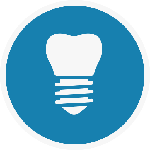 White tooth implant icon on blue circle.