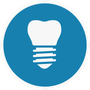 White tooth implant icon on blue circle.