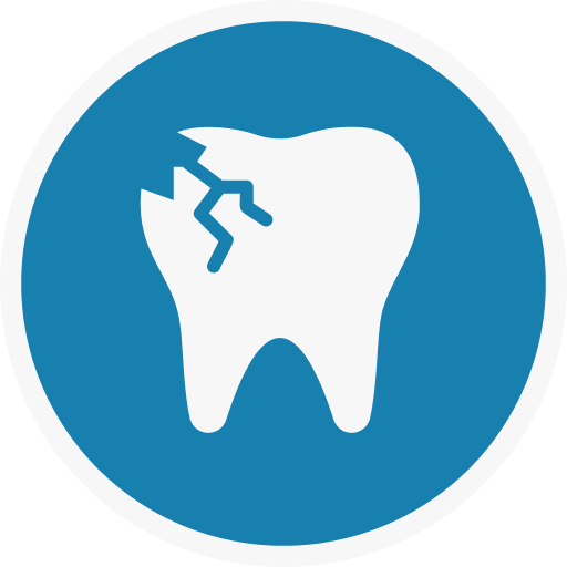 White tooth with a jagged crack inside a blue circle.
