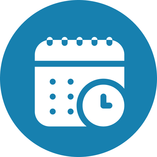Blue circle with a white calendar and clock, symbolizing scheduling or appointments.