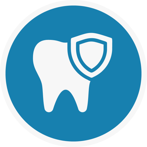 White tooth with shield on blue circle.