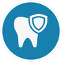 White tooth with shield on blue circle.
