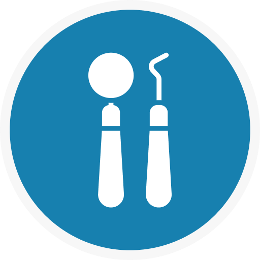 White dental mirror and pick icons on blue circle.