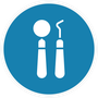 White dental mirror and pick icons on blue circle.