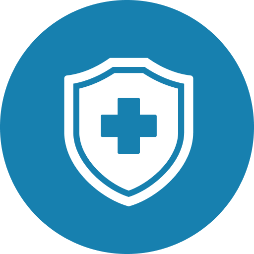 White shield with a cross, set in a blue circle, symbolizing health protection.
