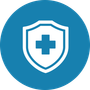 White shield with a cross, set in a blue circle, symbolizing health protection.