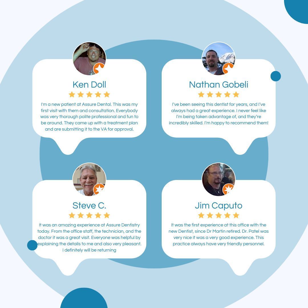 Four customer testimonial cards on a blue circular background with small profile photos and star ratings