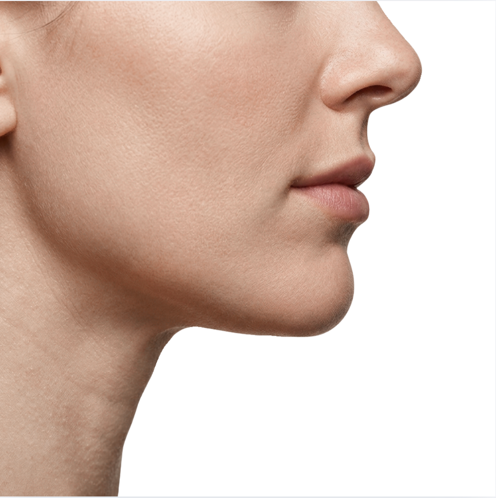 Side profile of a person’s face and neck against a white background