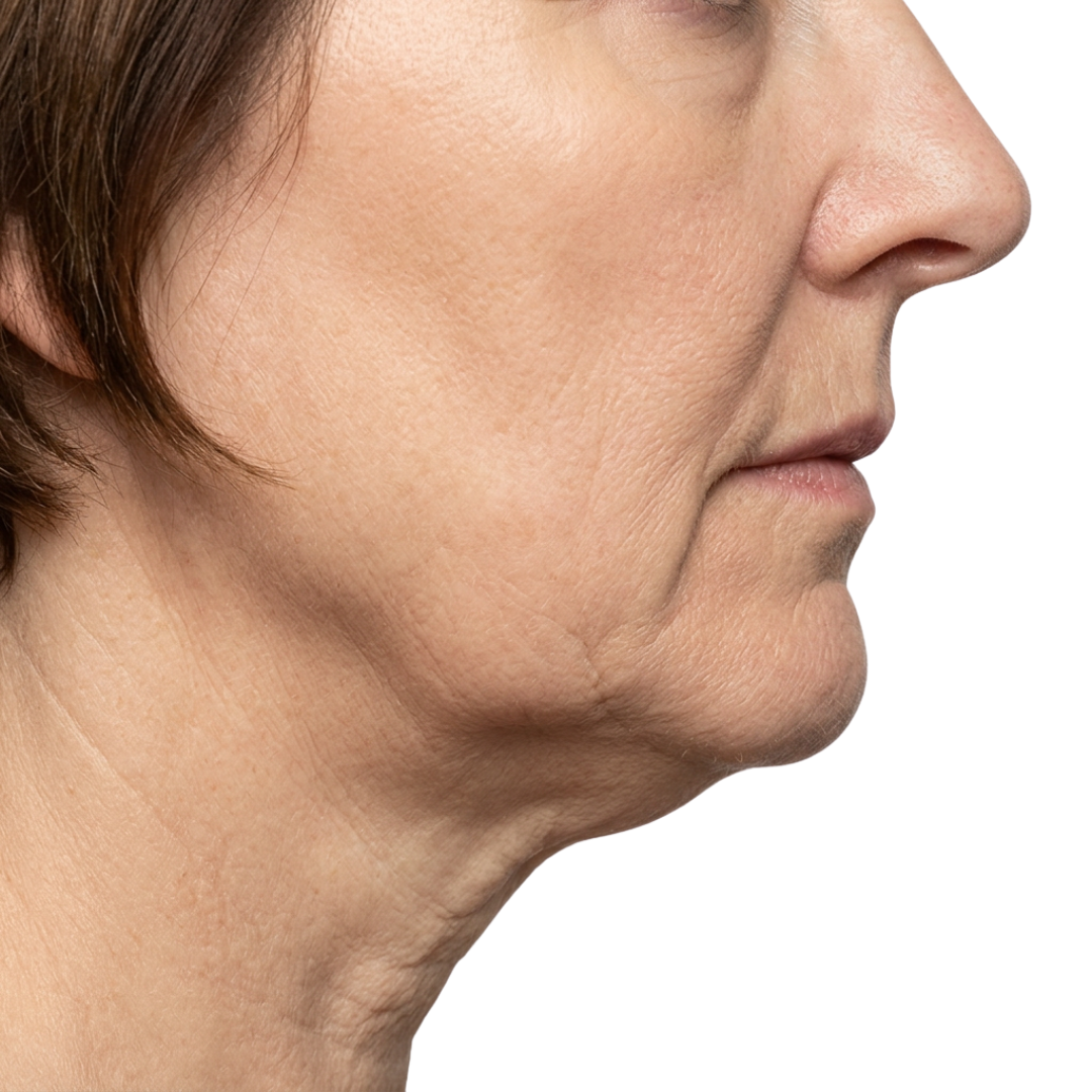 Side profile of a person with visible sagging skin on the neck and jawline.