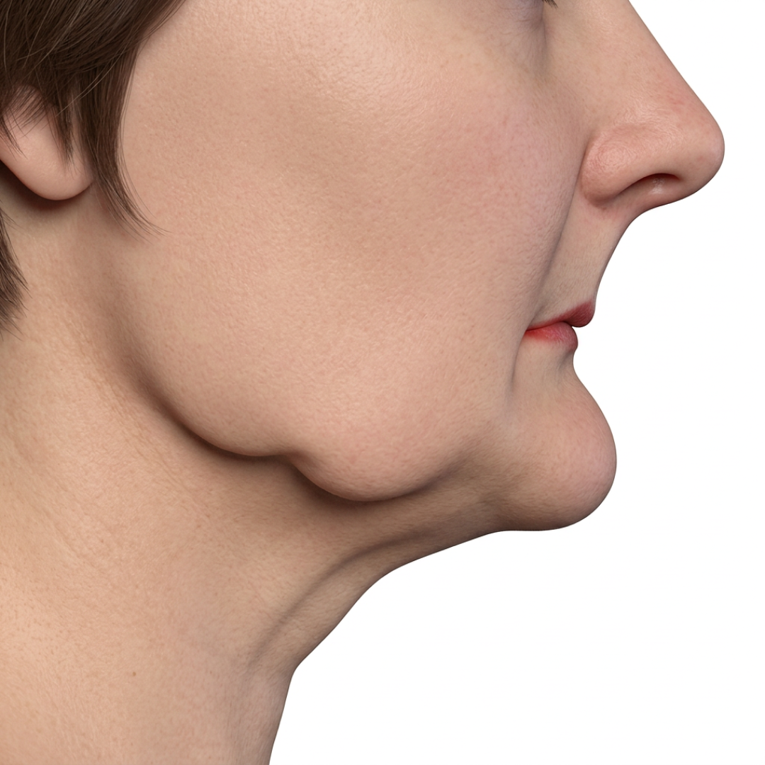 Side profile of a person’s face and neck with visible loose skin under the chin
