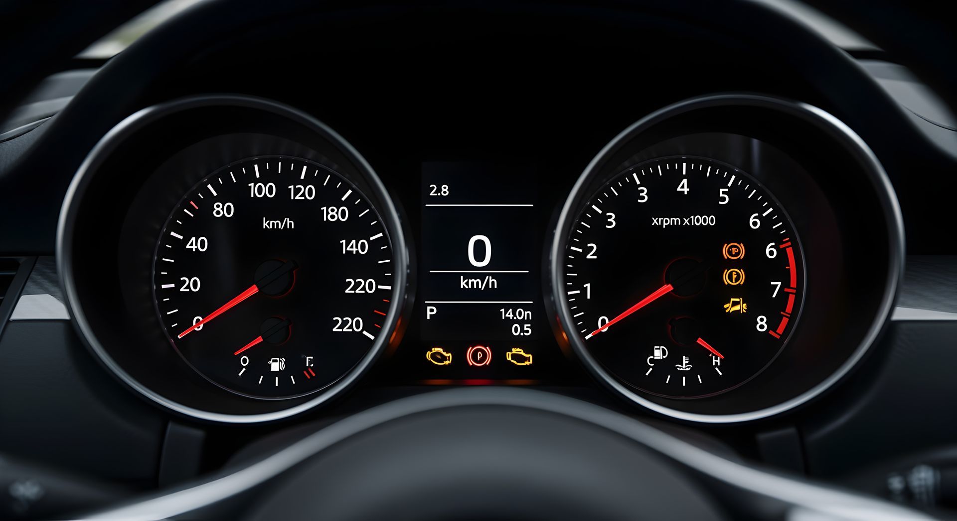 Black car dashboard showcasing auto fuel gauge repair with illuminated analog gauges