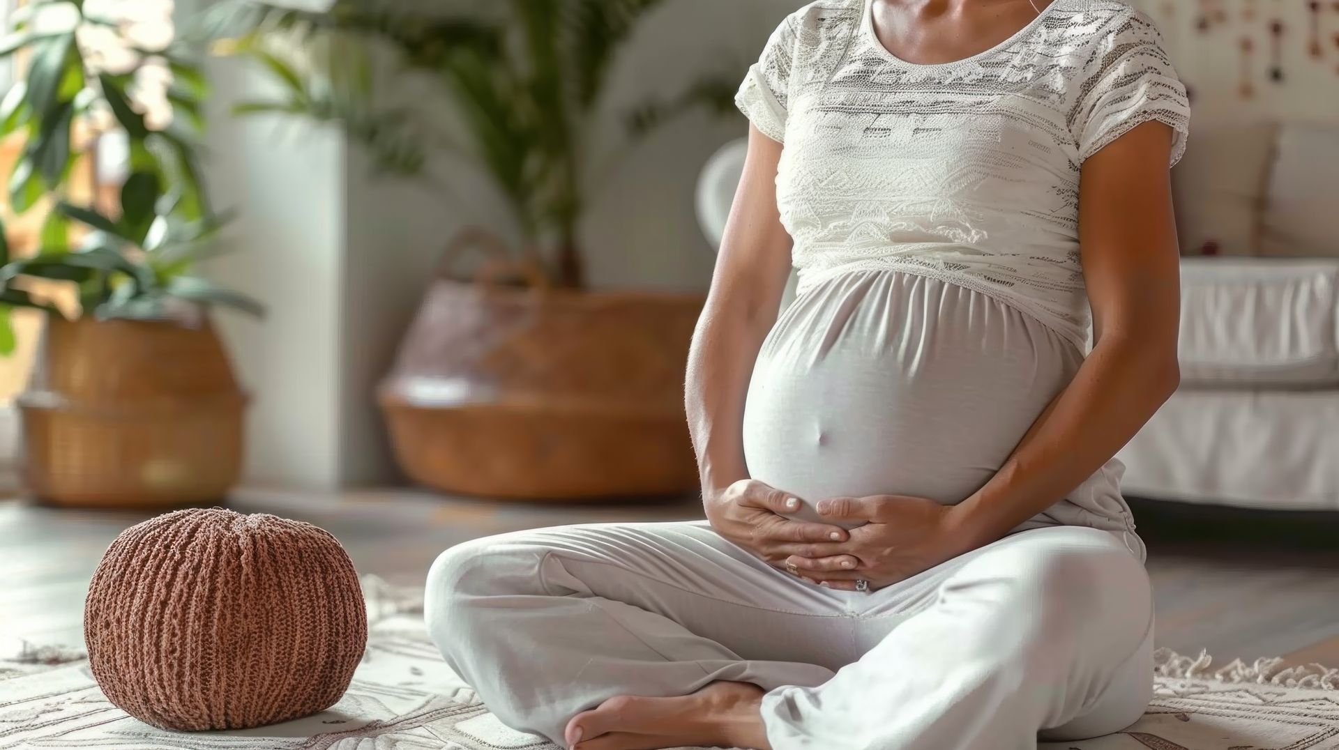 Pregnant person sitting cross-legged, hands on belly, indoors with plants and neutral decor.