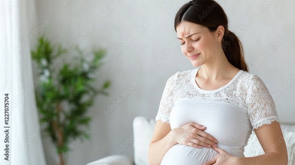 Pregnant woman clutching her belly, looking distressed in a white room.