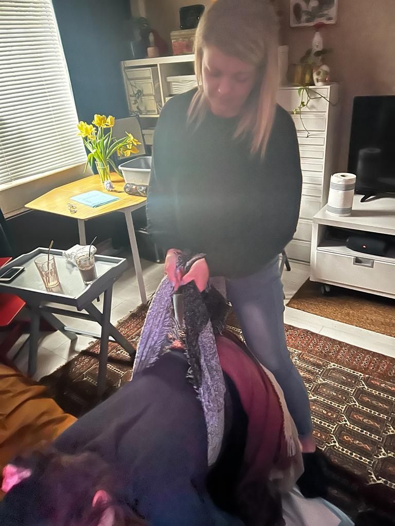 Woman holding folded clothes indoors near a small table with flowers and a television.