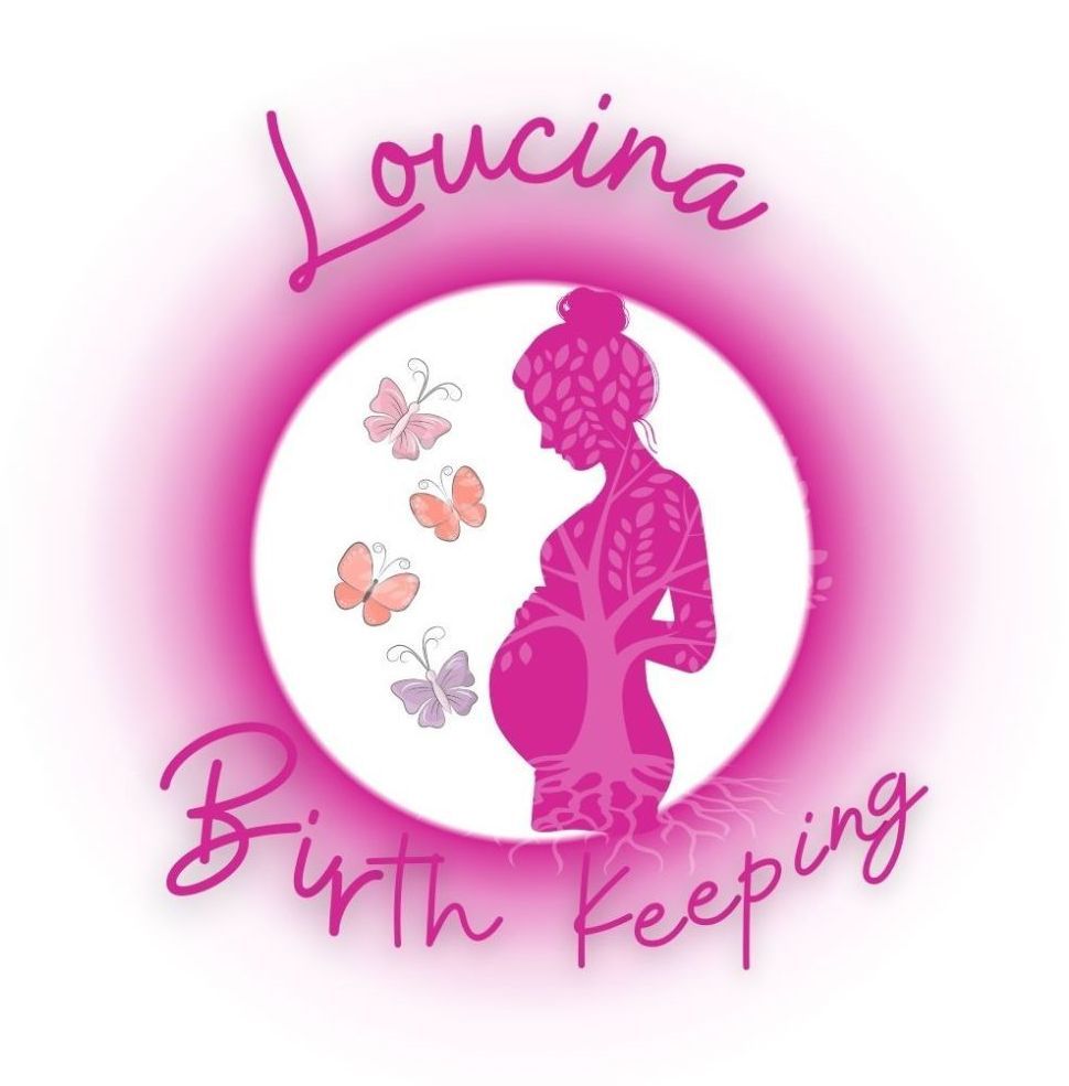 Logo: Pregnant person silhouette tree, pink circle, butterflies, and