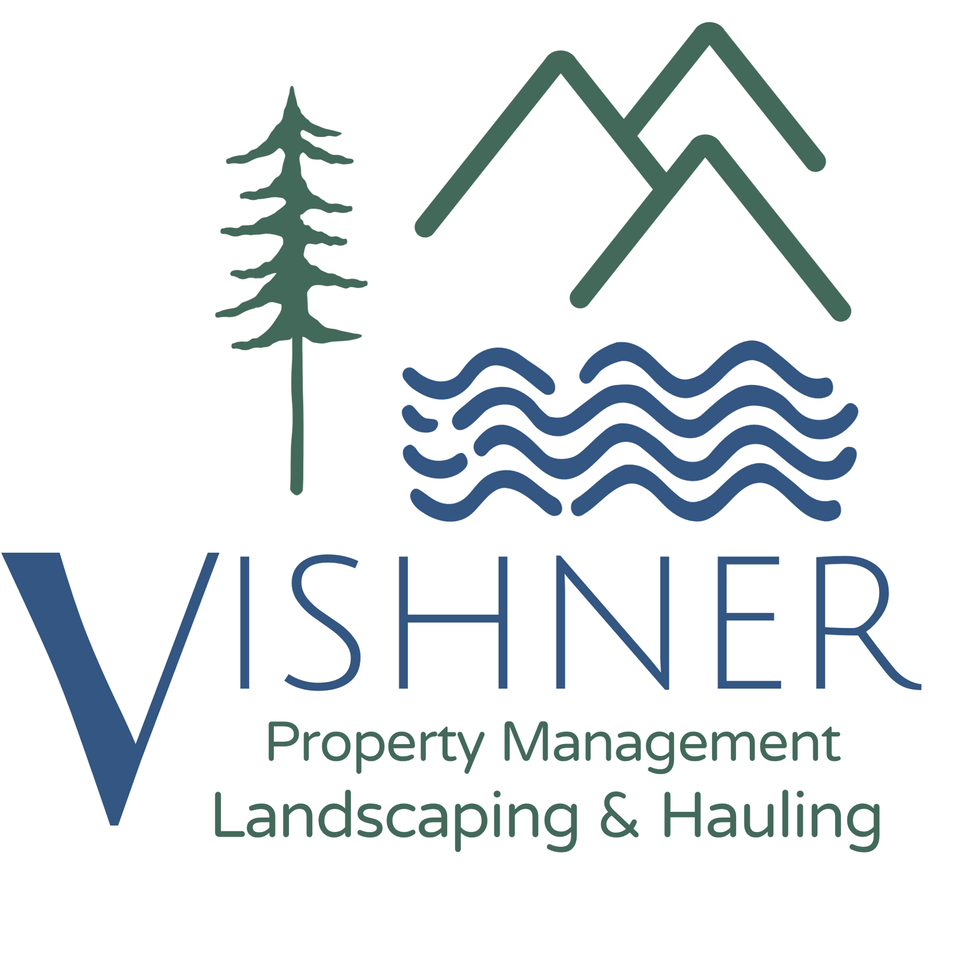 Logo for Vishner Property Management, Landscaping & Hauling with stylized green mountains, a pine tree, and blue waves.