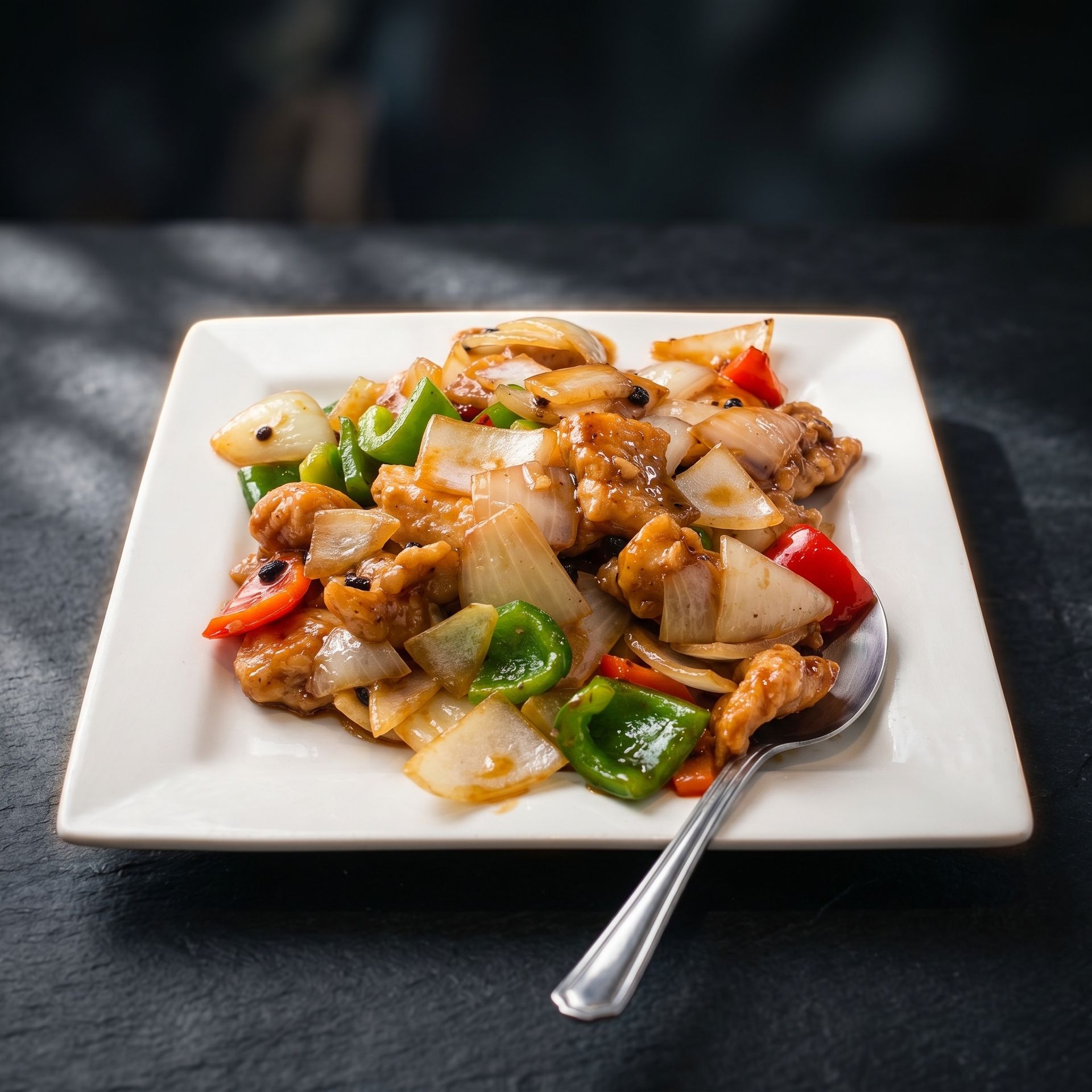 Plate of stir-fried chicken and vegetables with a spoon on a dark table