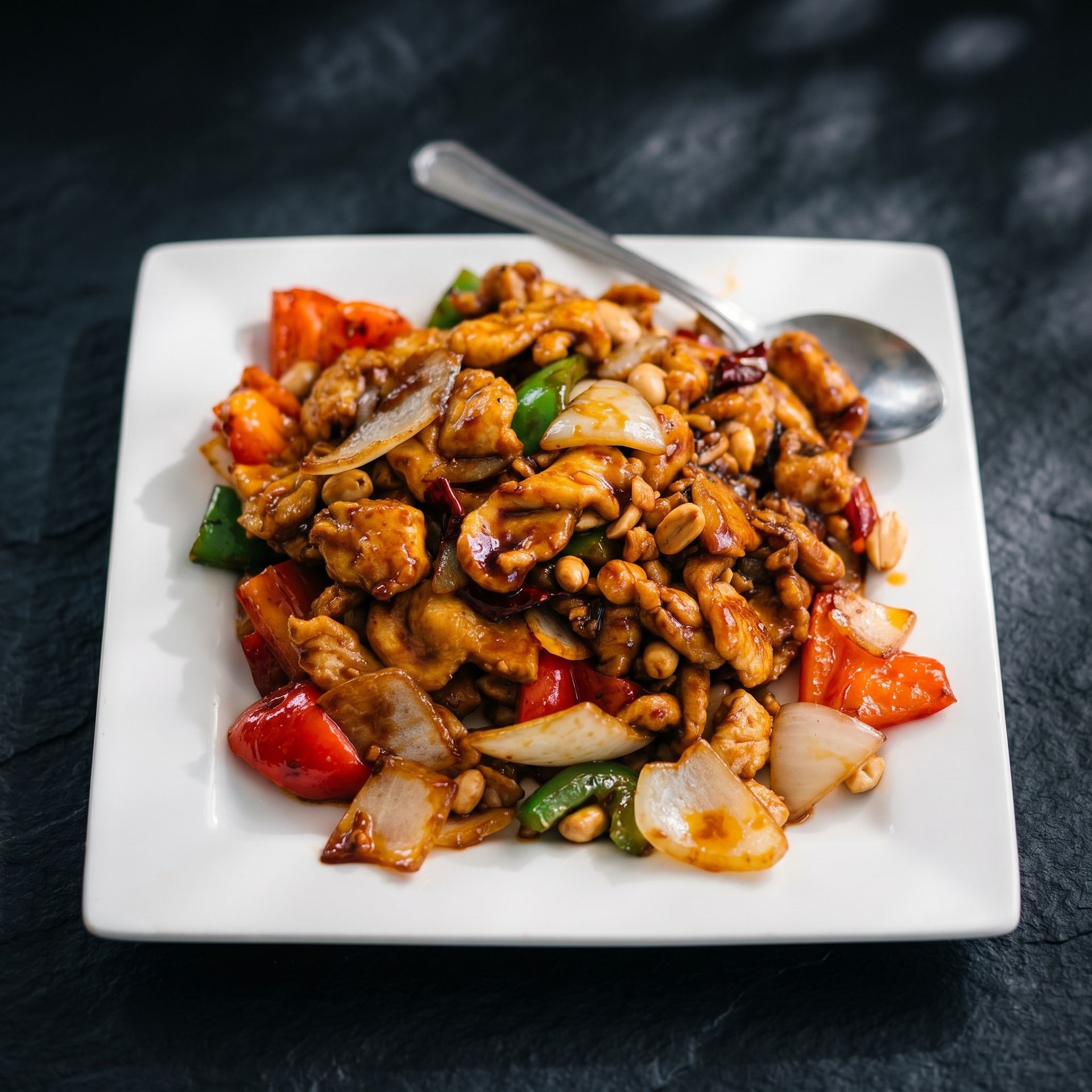 Square white plate of stir-fried chicken and vegetables with a spoon on a dark table