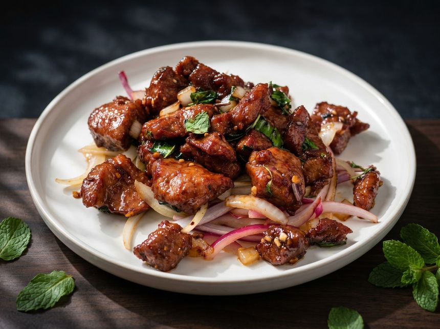 Plated glazed meat bites garnished with herbs and red onions on a white dish, with mint leaves around it