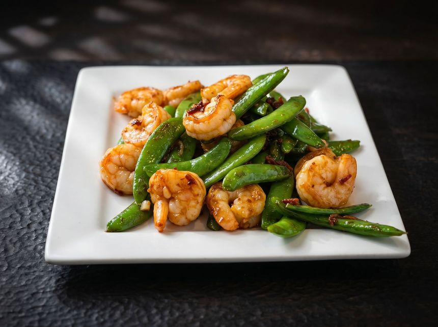 Shrimp and green beans stir-fry on a white square plate