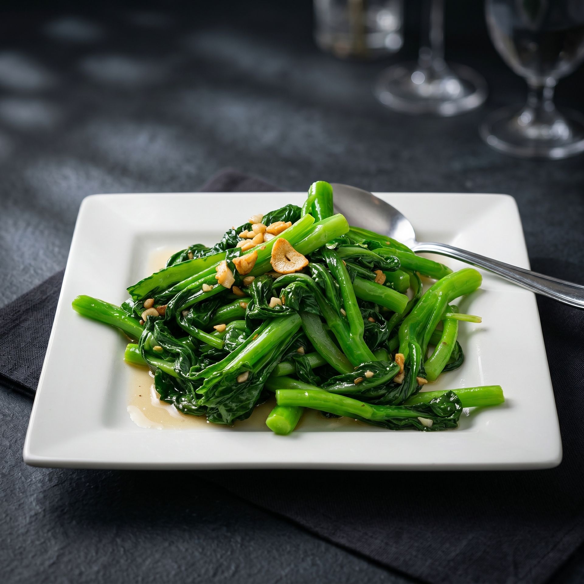 White plate of sautéed green vegetables topped with nuts on a dark table.