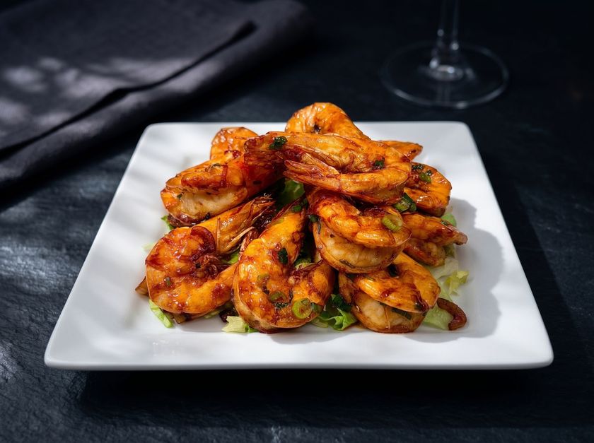 Plated spiced fried shrimp garnished with greens on a white square plate, dark background