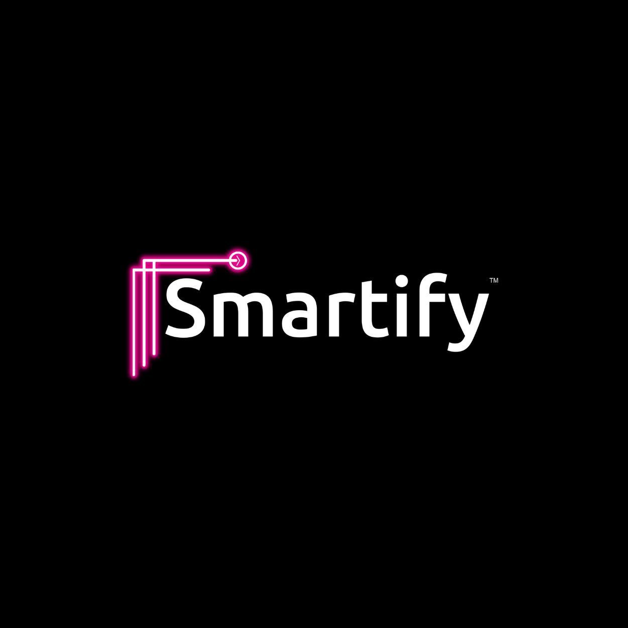 Smartify logo: white text on a black background, with a pink corner design featuring a circular node.