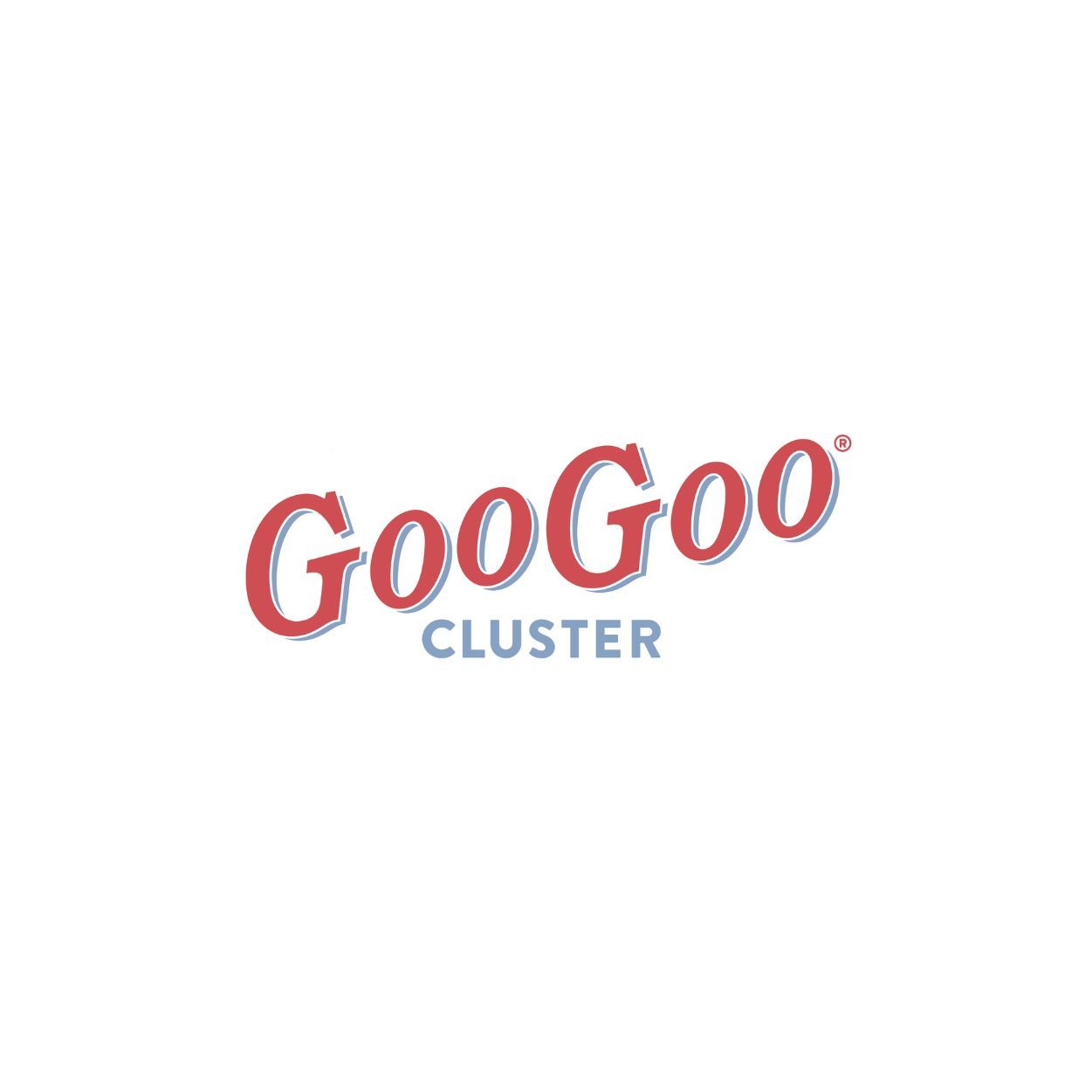 Goo Goo Cluster candy bar logo, red text with blue outline on white background.