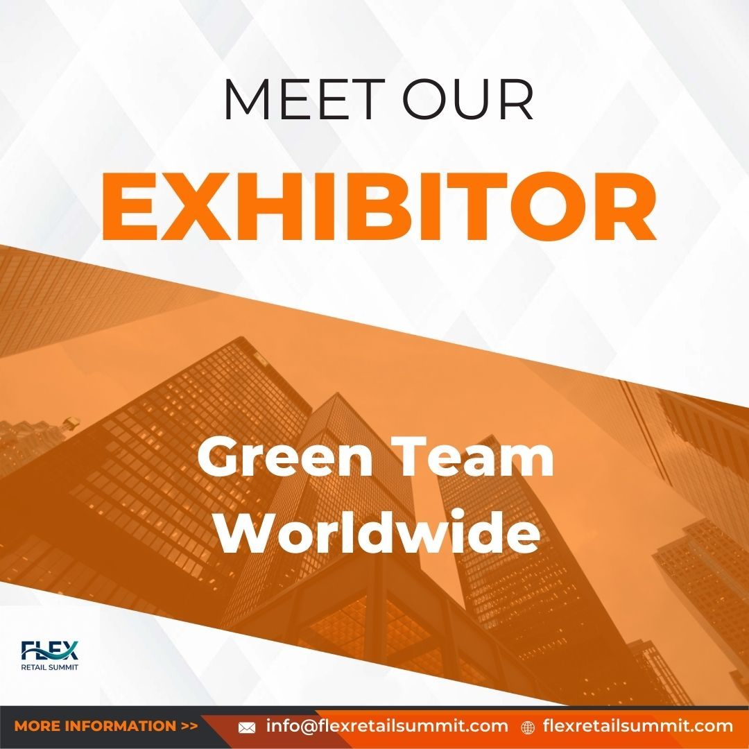 Advertisement for the Flex Retail Summit, featuring Green Team Worldwide; orange text on a cityscape background.