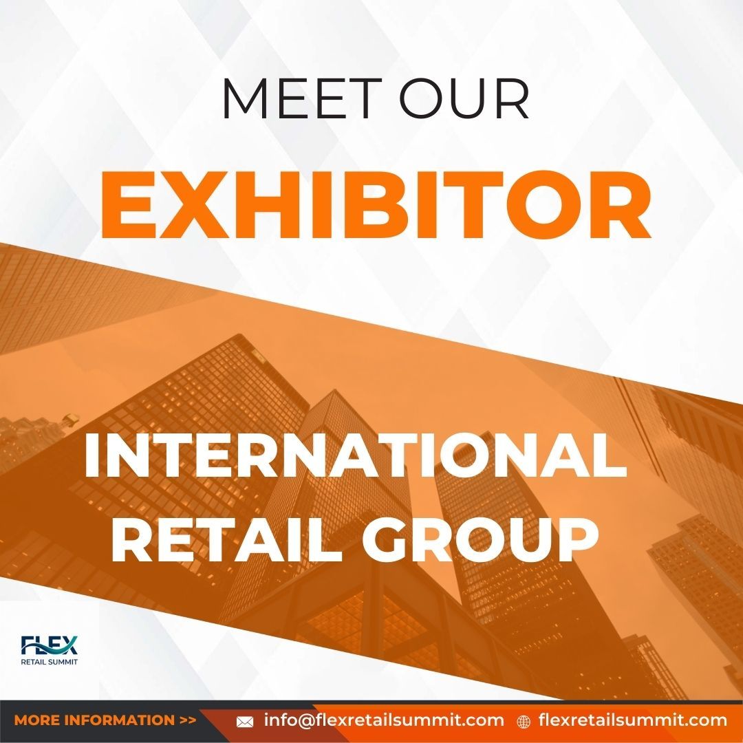 Advertisement for an exhibitor, International Retail Group, at a summit. Orange and white colors, cityscape backdrop.