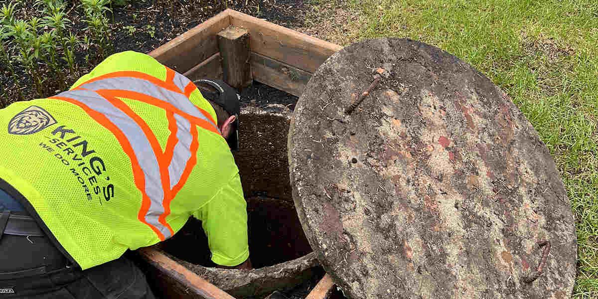 A worker in a high-vis vest looks into an open manhole.