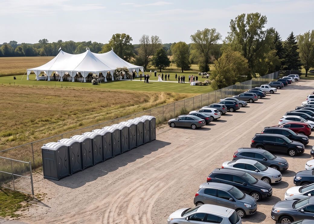 Portable toilets placed beside a parking area at an outdoor event venue in Winnipeg.