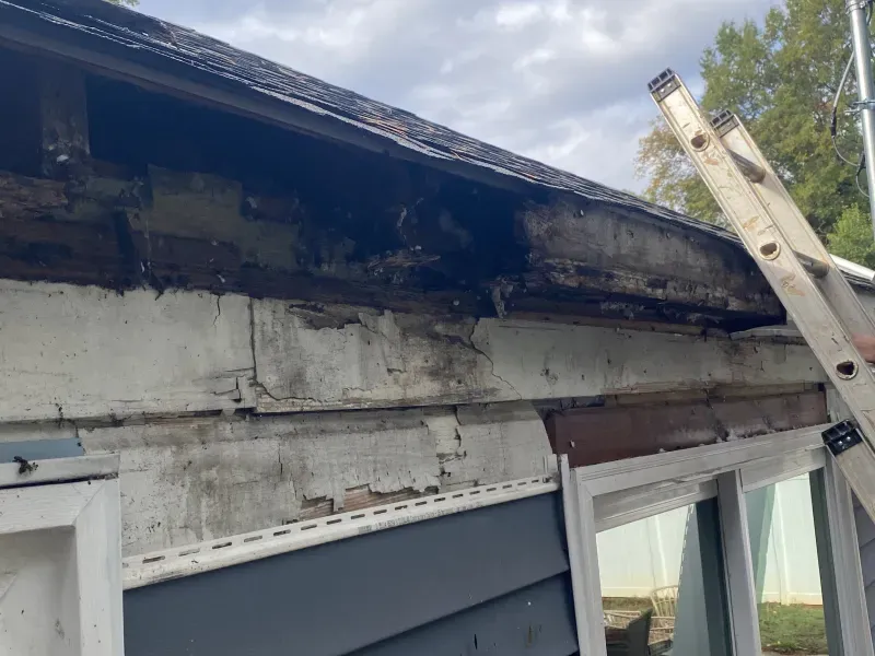 Damaged house siding and roof trim, with a ladder leaned against the building.